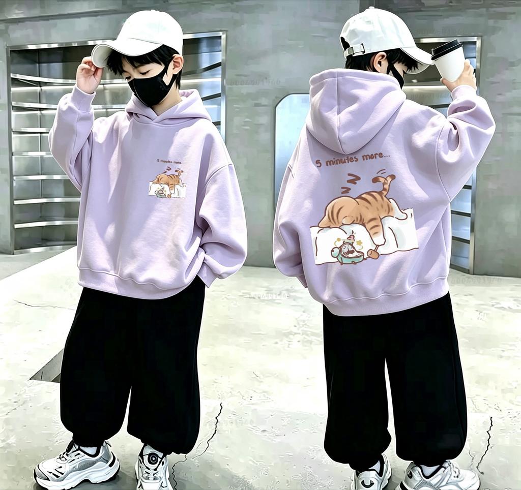Children's Cat Pattern Alarm Clock Double-Sided Printed Hooded Sweatshirt for Boys and Girls Casual Street Hoodie
