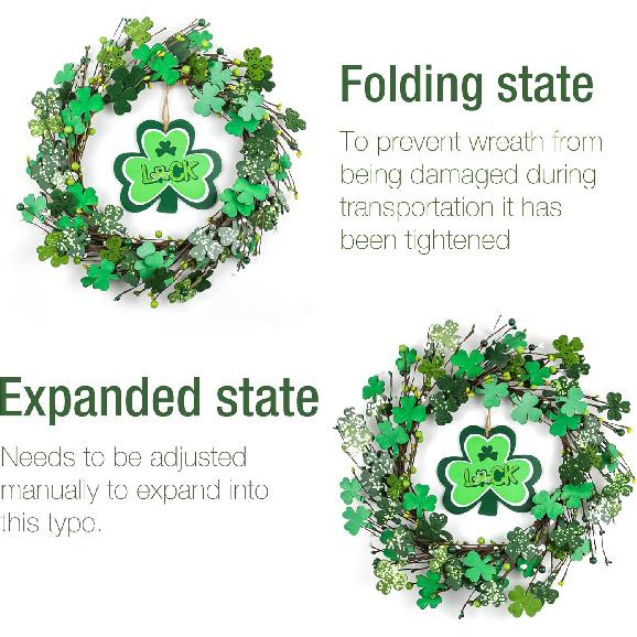 20" St Patricks Day Wreath with Wooden Lucky Shamrock Signs, Shinning St Patricks Day Wreaths for Front Door, Saint Patricks Day Decorations with
