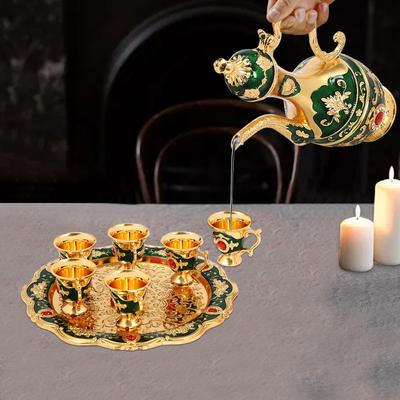 Türkisches Teeservice, Vintage Kaffeekanne mit 6 Tassen, Metall Luxus Teetassen für Heimdekoration, Geburtstag, Weihnachten, Hochzeit (Gold und Grün)
