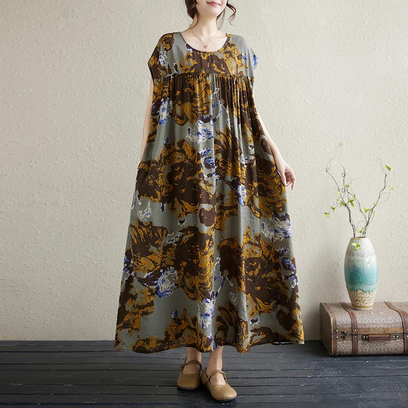 

Летнее хлопковое конопляное печатное художественное свободное большое среднее длинное платье для женщин повседневные платья M серый/жёлтый