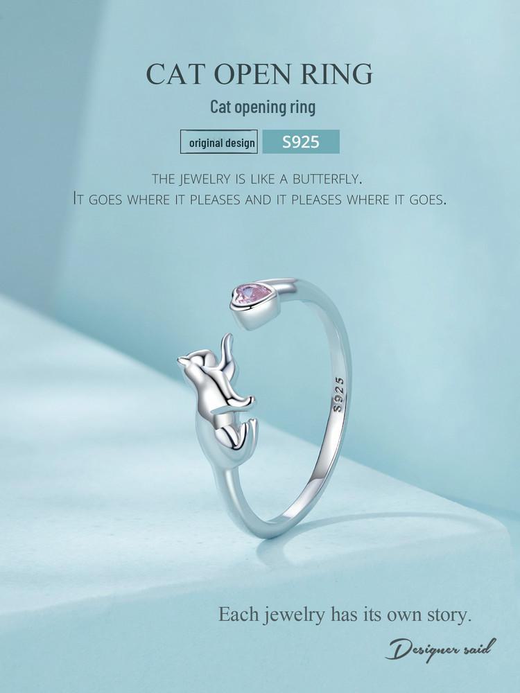 Adjustable Platinum-Plated S925 Sterling Silver Naughty Cat Ring