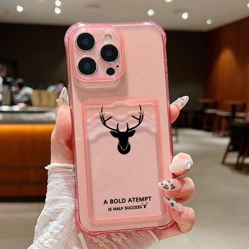 For iPhone 16E 16 Pro Max 15 Pro 14 13 12 11 Cover Shell Simple Deer Pattern Clear Card Pocket Slot Slim Shockproof Soft Silicone Phone Case