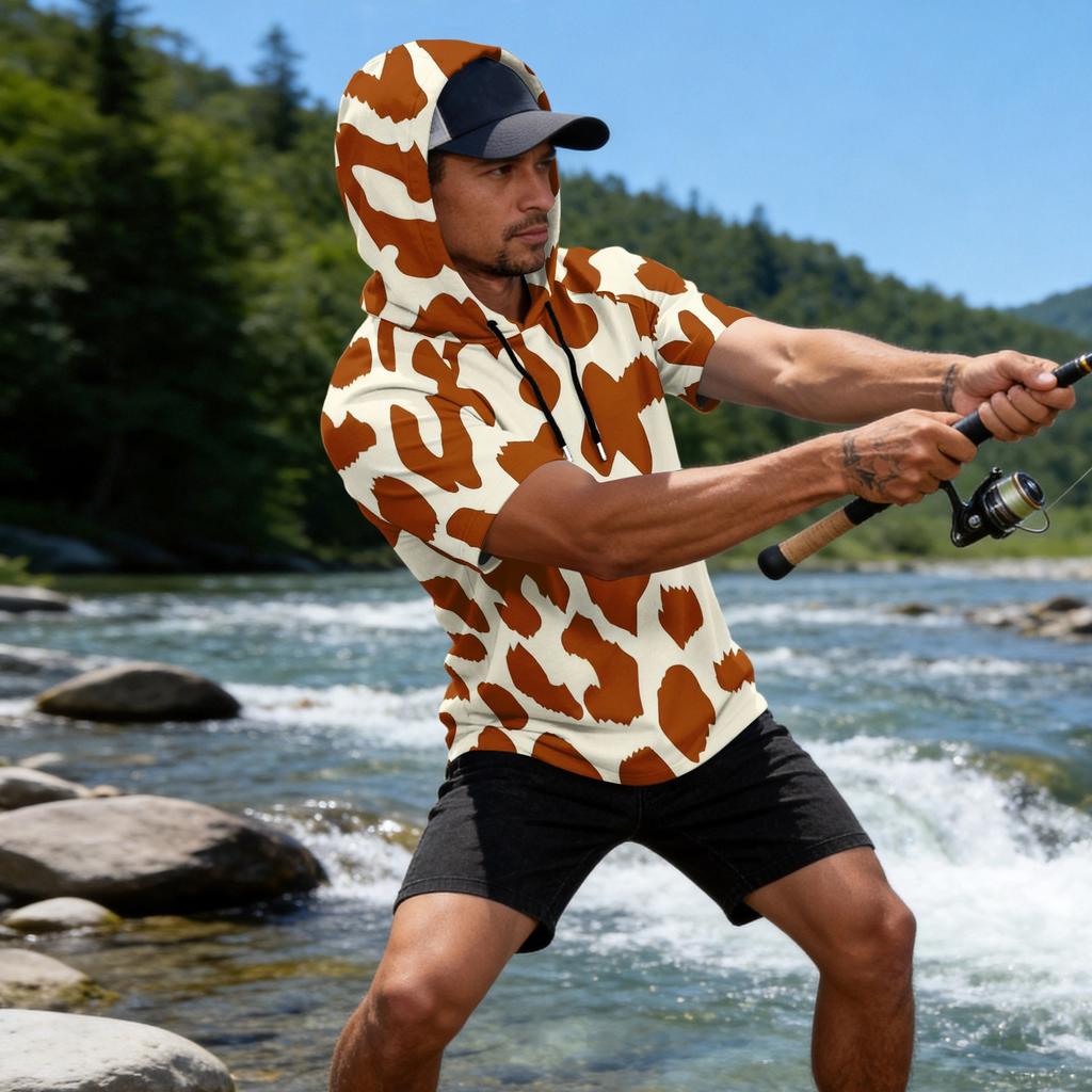 Men's Leopard Print Raglan Hoodie, Short Sleeve Casual Fishing Top, Breathable Outdoor Sports T-Shirt