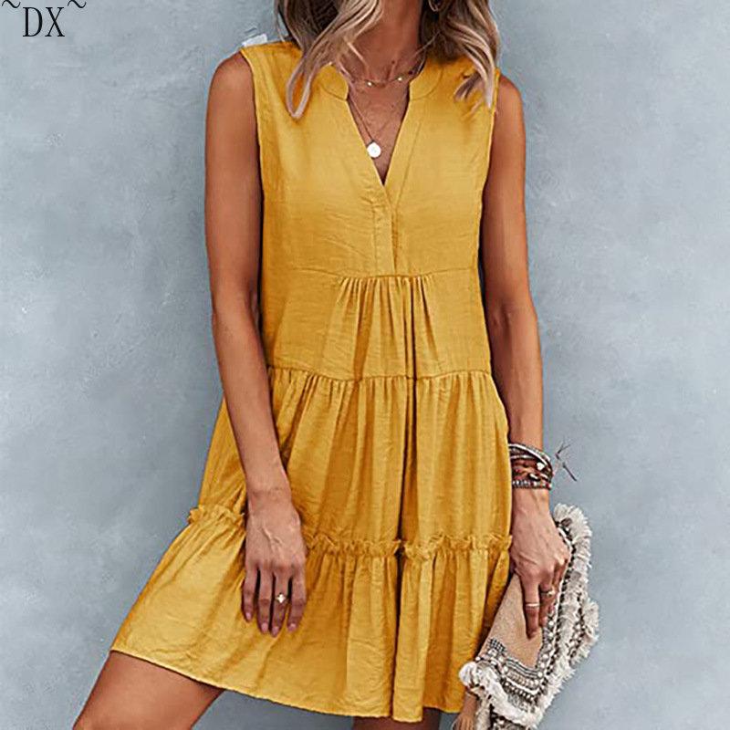 DX~~2023 Summer Europe and America V-neck Sexy Solid Color Dress Irregular Splice Sleeveless Commuter Big Swing Dress Women