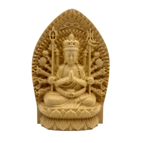 Lunari Mini Buddhist Statues, Wood Carvings of Acala, Thousand-Armed Kannon, and Amitabha Buddha, Wooden Objects, Miniature Sculptures, Buddhist Altar