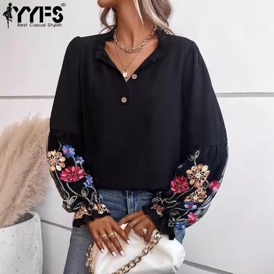 Women's Fashion Casual Spring Fall Flower Pattern Print Long Sleeve V-Neck Blouses & Shirts