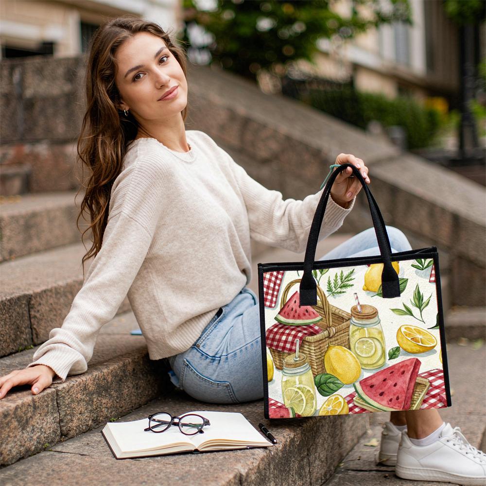 Summer Picnic Lemon Watermelon Printed Casual Tote Bag Fashion Large Capacity Portable Daily Shopping Handbag