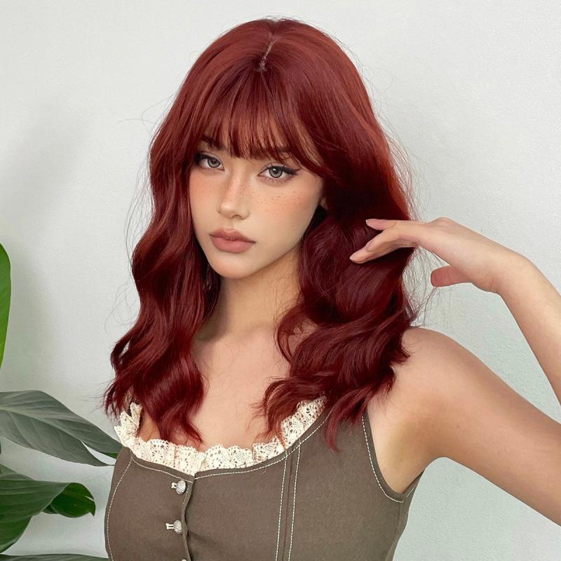Perucă ondulată de lungime medie roșu maro blond portocaliu cu breton Peruci sintetice din păr natural pentru femei Perucă zilnică rezistentă la căldură