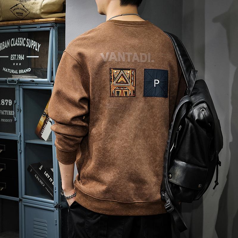 Autumn Heavy Ethnic Style Printed Men'S Sweater Spring And Autumn National Tide Loose Long-Sleeved Crew Neck Bottoming Shirt