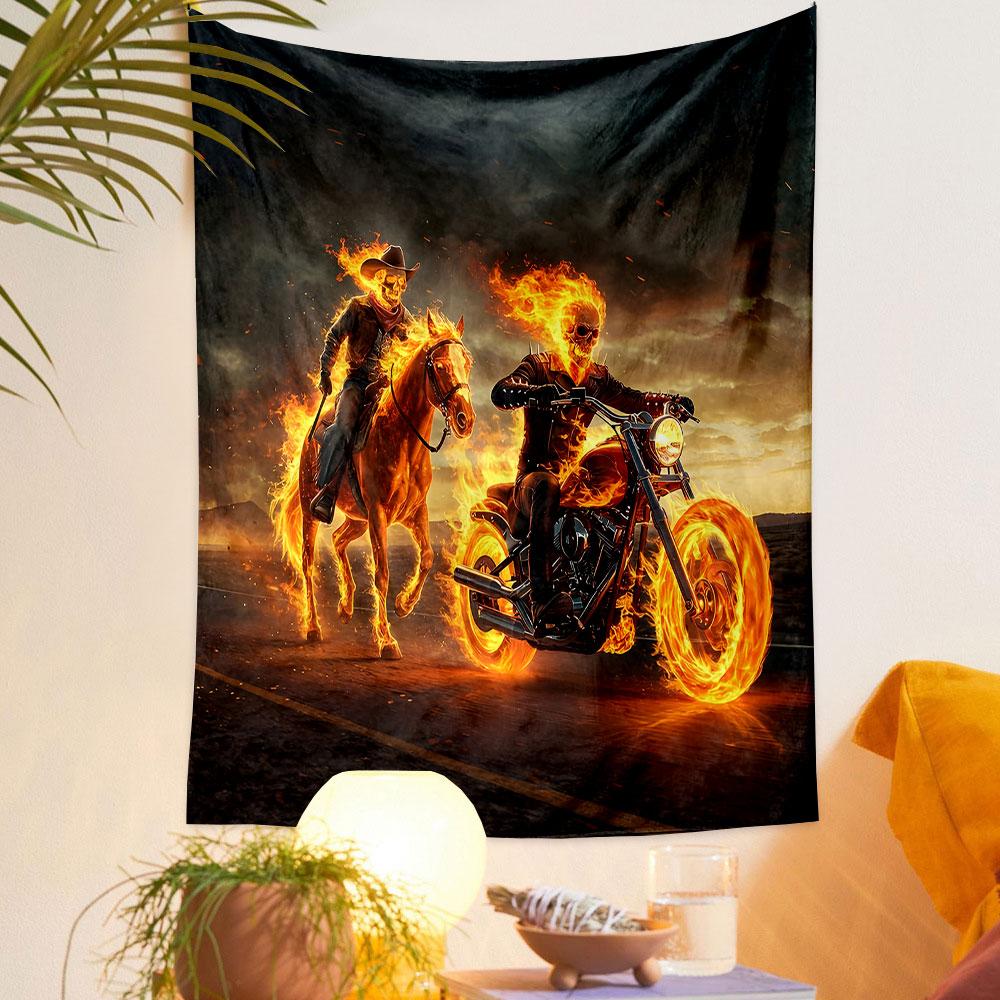"Fiery Riders: Motorcycle and Horse Scene" Patterned Tapestry Decorative Wall Hanging, Home Bedroom Living Room Decor