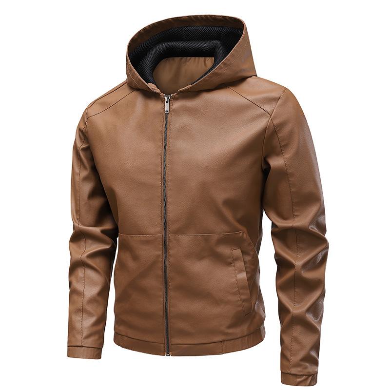 Retro Street PU Leather Jacket Spring and Autumn Men's Hooded Leather Jacket Young Handsome Jacket