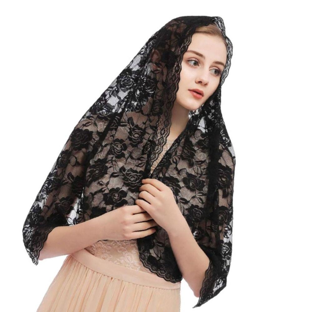 Breathable Wedding Lace Shawl Lace Trim Mantilla Headwear Scarf Veil Prayer Shawl for Woman