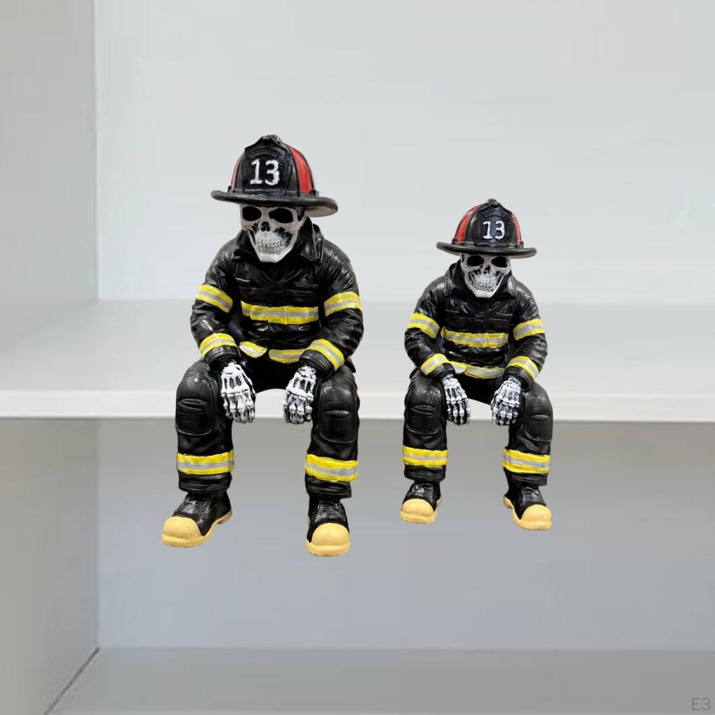 Firefighter Skeleton Statue Ornament Resin Sitter Figurine for Home Decoration