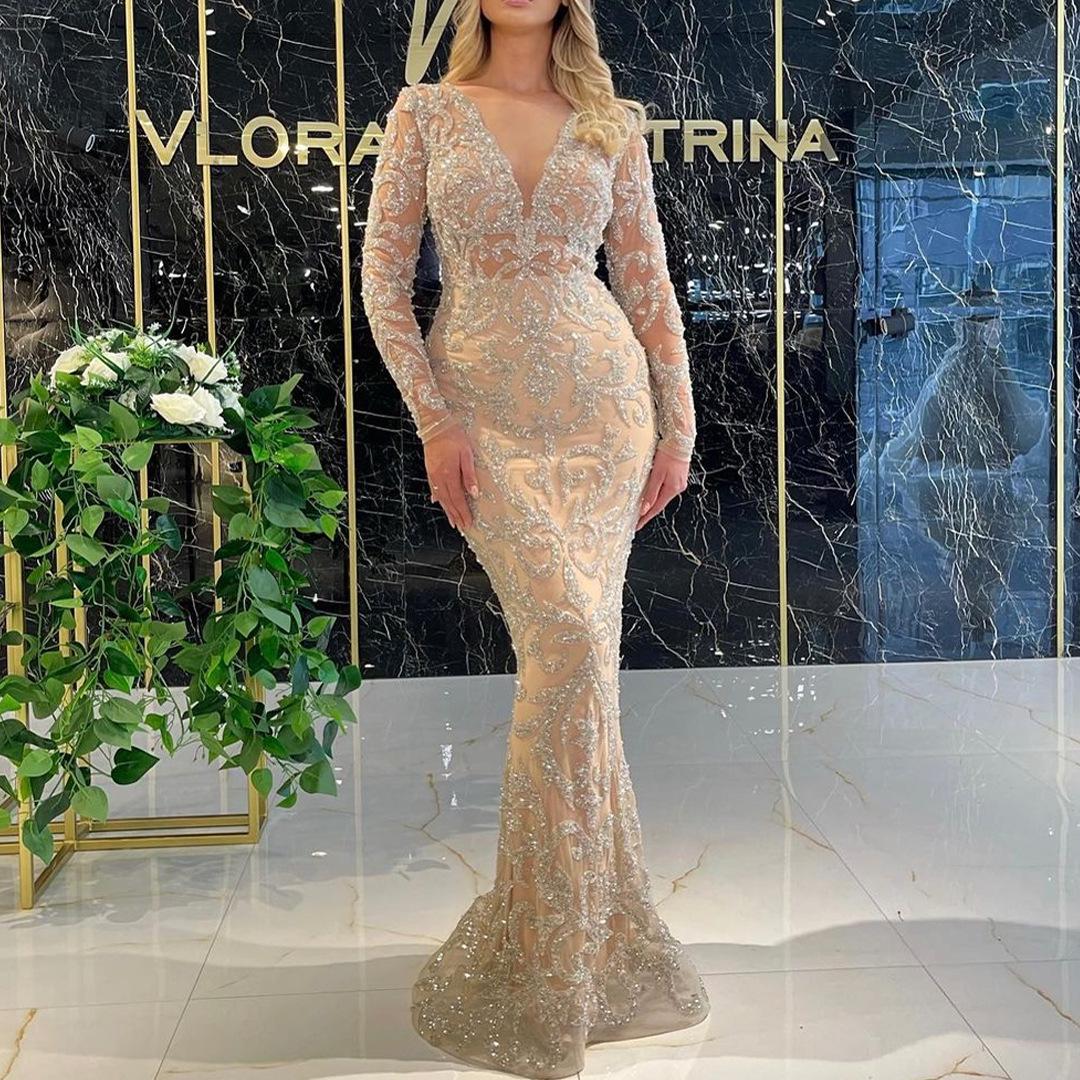 

2025 Winter European & American Women s Slim Sexy Long Evening Gown with Hot Stamping XL