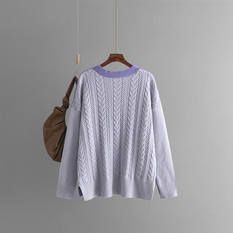 Autumn Winter Vintage Loose Long Sleeve Top Block Color Cardigan Pullover Knitwear Twists V-neck Sweater