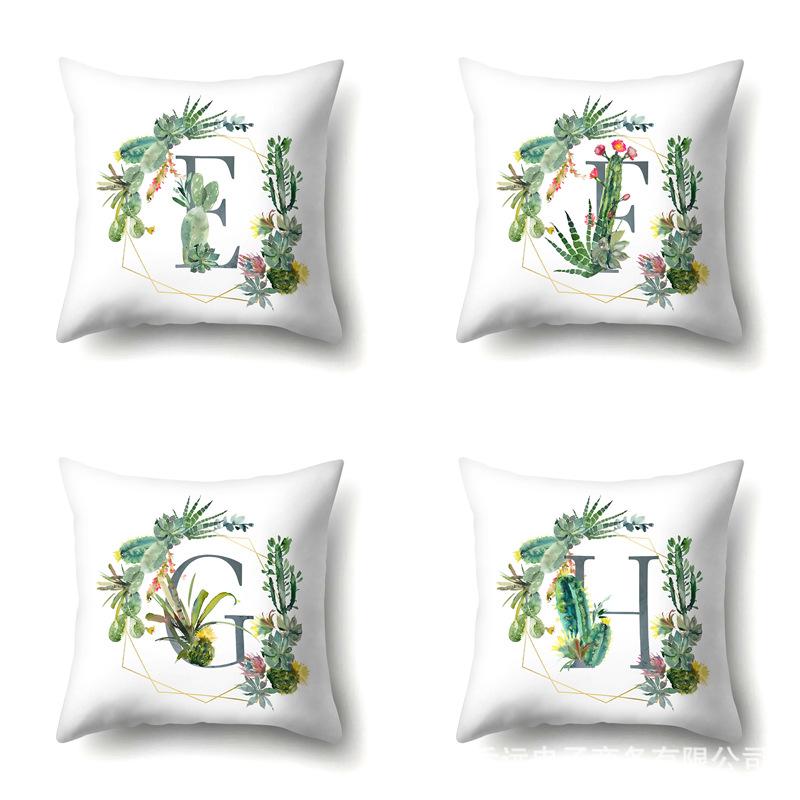 Polyester Pillowcase Home Green Succulent Pillowcase 26 English Letters Cushion Cover Car Cushion Cover