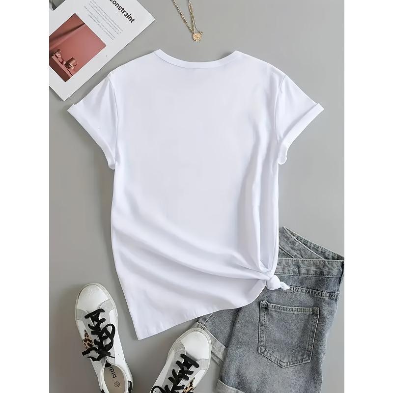 European Size Valentine's Day Loving Heart Graphic Print T-shirt, Short Sleeve Crew Neck Casual Top for Summer & Spring, Women's Clothing
