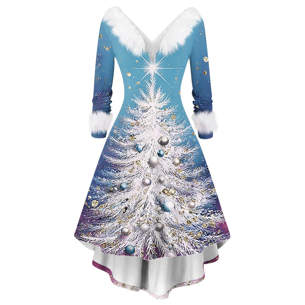 Women's Fashion Elegant Autun And Winter Long Sleeve V-Neck Christmas Print Dress