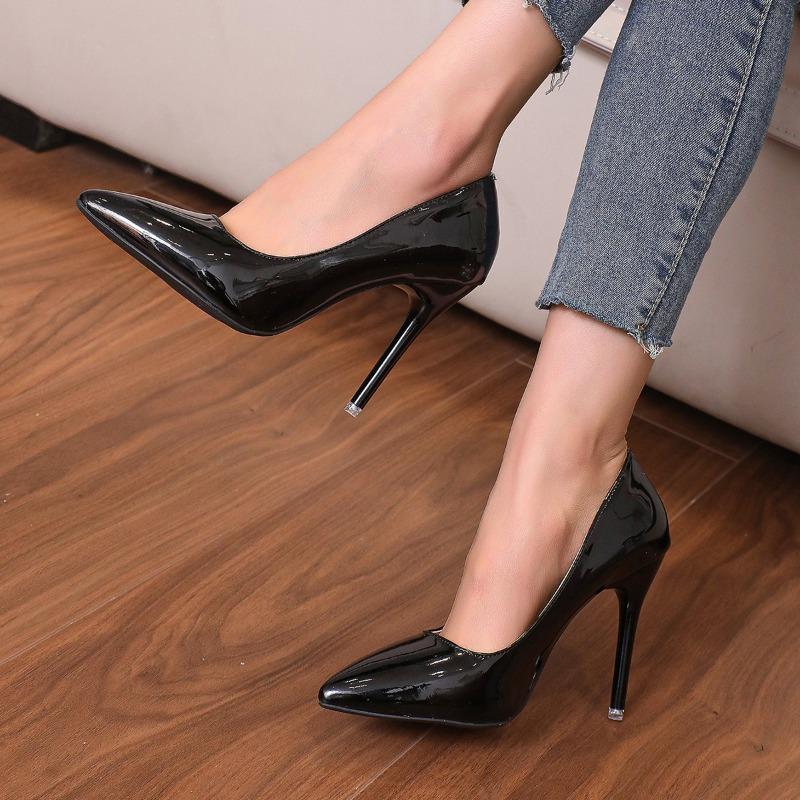 Pointed Toe Stiletto Single Shoes Autumn New Shallow Slip Feet Patent Leather Non-Slip Wear-Resistant High Heels