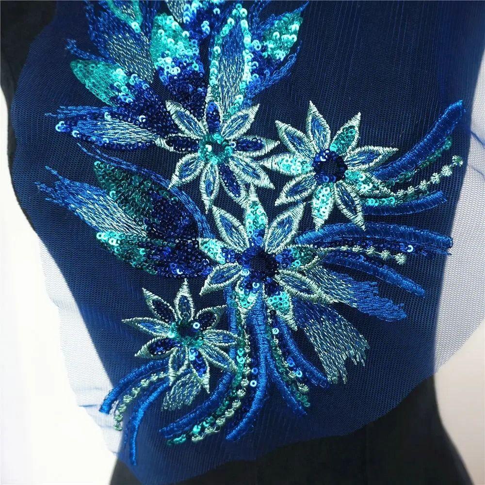 Blue Black Gold Embroidered Floral Patches Sequins Patches Wedding Gown Decoration DIY