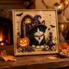 Cute Pet Themed Home Accents Halloween Witch Hat Cat DIY 3D Pearl Painting Kit with Frame, Hand-Pasted Art Craft for Adults, Relaxing Handmade
