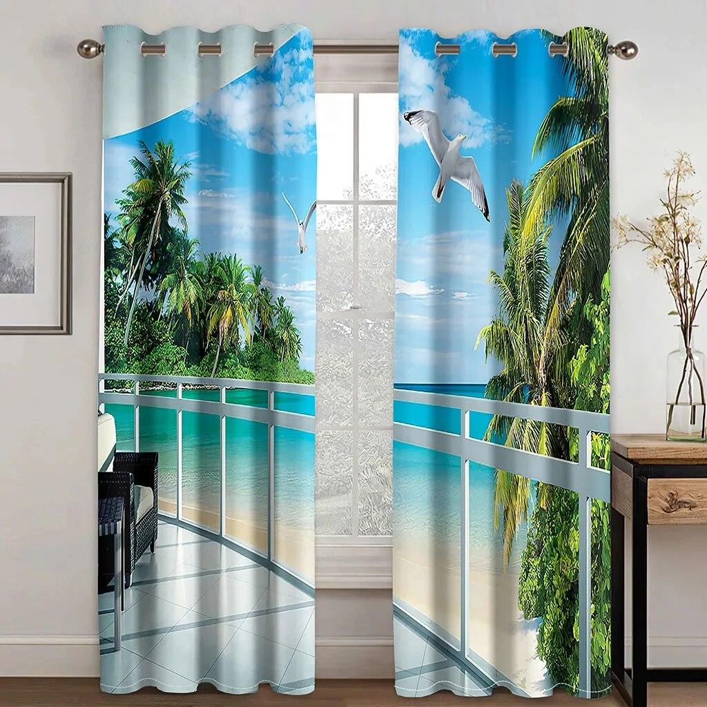 Natural Seaside Scenery High Blackout Curtains Landscape Modern  Drape For Living Room Bedroom Curtain Home Kitchen Curtain New