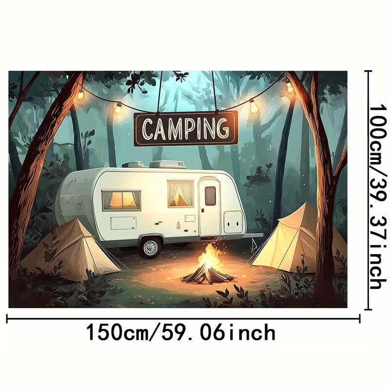 2D Summer Camp Backdrop, Retro RV Camper & String Lights Party Banner