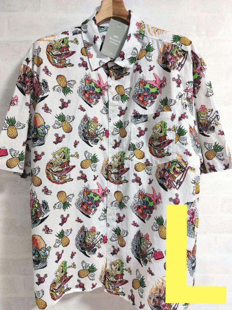 

[Б/У] Футболка с коротким рукавом H&M Spongebob Squarepants, Размер L, Редкая аниме-гавайская рубашка, Белая