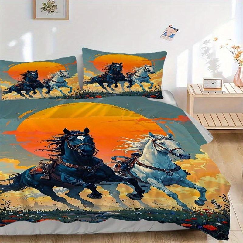 3pcs Set Horse Sunset 1 Quilt Cover + 2 Pillowcases, All Seasons Bedroom Setting, Perfect for Home and Dorm Decor A166
