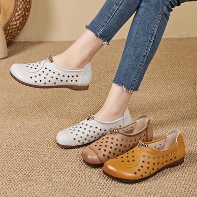Women's Sandals Shoe Flat and Comfortable HoleHole Mary Jane Shoes Women Genuine Leather Summer Hollow Out Female Shoes