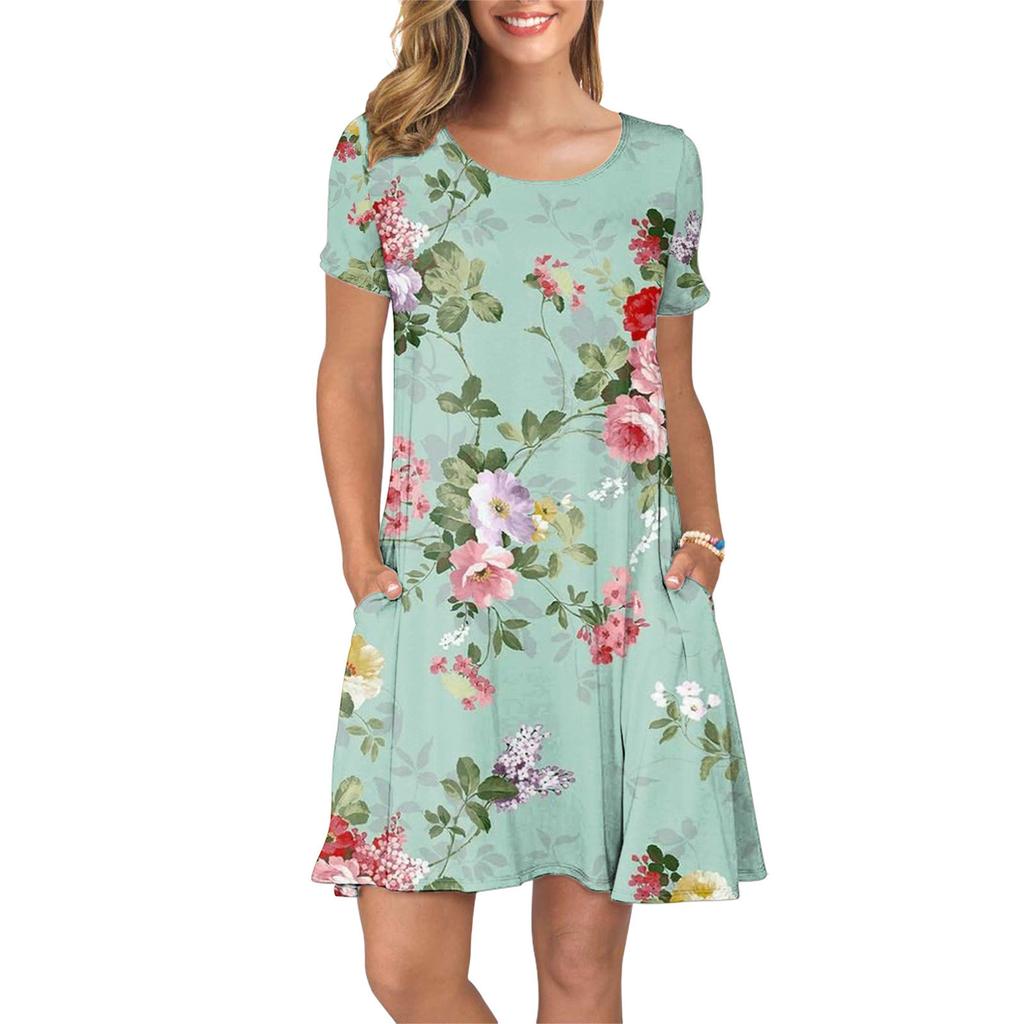 Women's Fashion Print Loose Casual Short-Sleeved Round Neck Pocket Dress