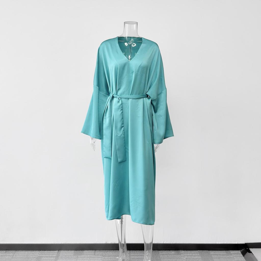 Satin V-Neck Casual Robe Dress - 2025 European & American Autumn Collection