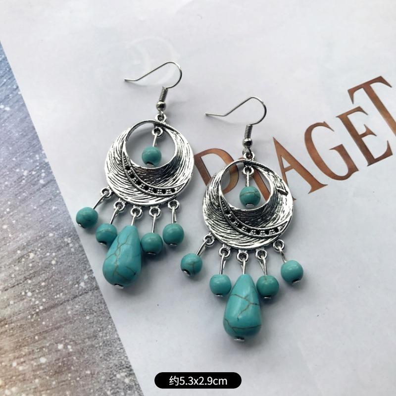Temperament Retro Turquoise Earrings, Ancient Silver Water Drop Fringed Earrings, Women's Versatile Long Ear Jewelry