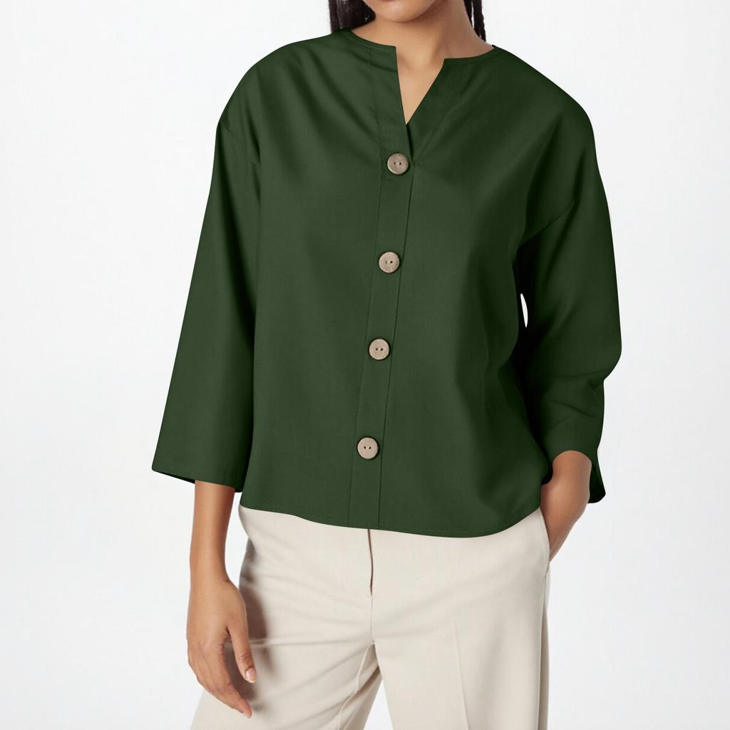 Women's Fashion Casual V-Neck Buttoned 3/4 Sleeve Cotton Linen Top