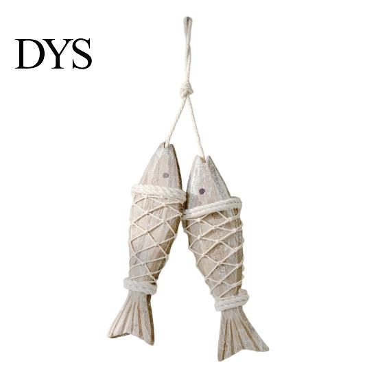 Seaside Wall Hanging Rustic Nautical Wooden Fish Decor, Coastal Beach Style Home Decor Ornament with Fishing Net for Lake House, Bedroom, Bathroom