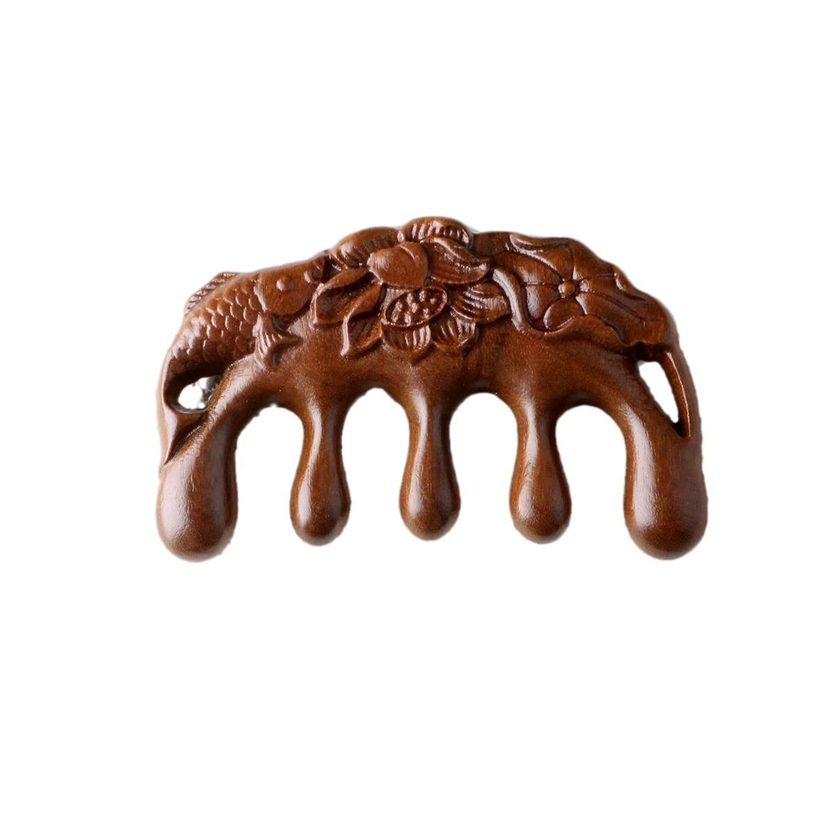 Sandalwood lotus fish carved massage comb scalp head massage wide tooth comb small comb wood comb