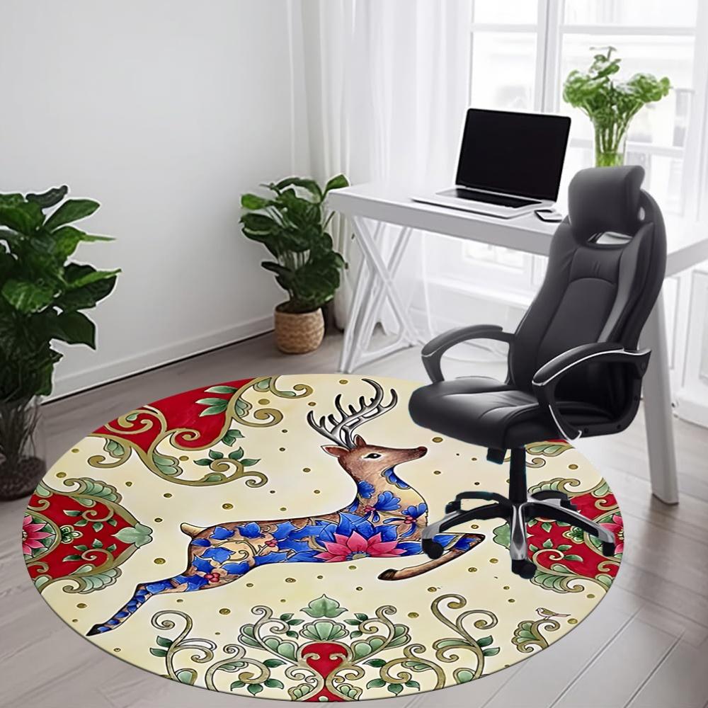 1pc Deer Floral Office Round Area Rug, Under Office Chairs Bedroom Living Room Home Decor, Room Deco