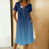 Women's Fashion Gradient Color Printed Round Neck Short Sleeve Button Neck Medium Length Casual Dress