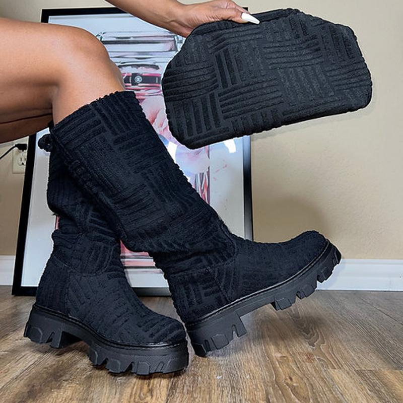 Schicke Damen Langstiefel Markendesign Frottee Kniehohe Stiefeletten Damen Dicke Sohle Rosa Grün Botas Ton in Ton