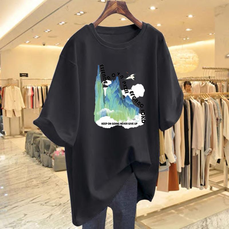 Heavy pure cotton new design sense printed short-sleeved t-shirt ns women's tide brand summer loose and versatile large size top tide