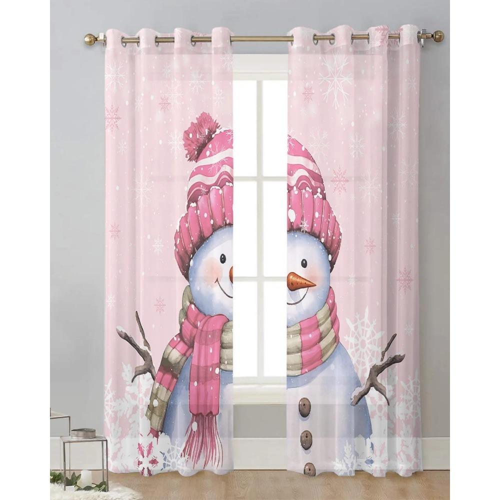 Christmas Winter Snowflake Snowman Pink Sheer Curtains for Living Room Decoration Window Curtains Kitchen Tulle Voile Curtains