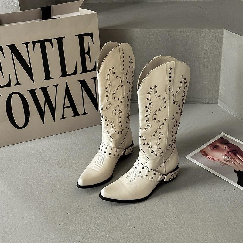 Women's Western Cowboy Boots Fashion Knee-high Boots Retro Rivet Knight Boot Luxury Pointed Leather Boots for Women Botas Mujer