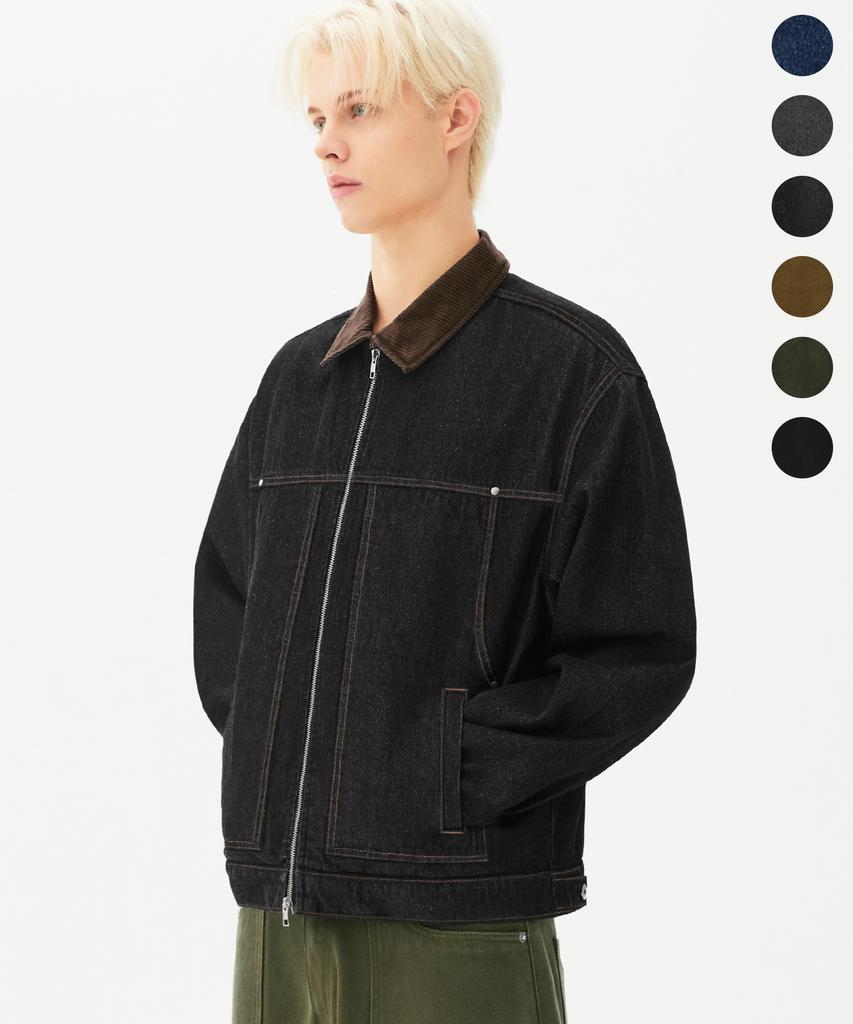 TRILLION Corduroy Collar Denim Zip-Up Work Jacket_6 Colors