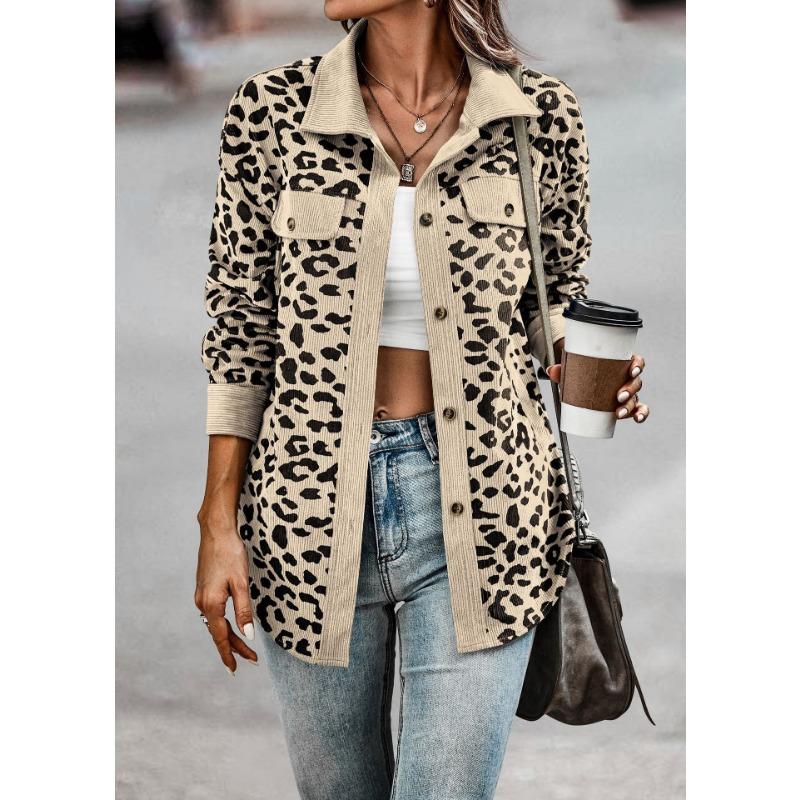 Women S Corduroy Leopard Print Button Long Sleeve Jacket