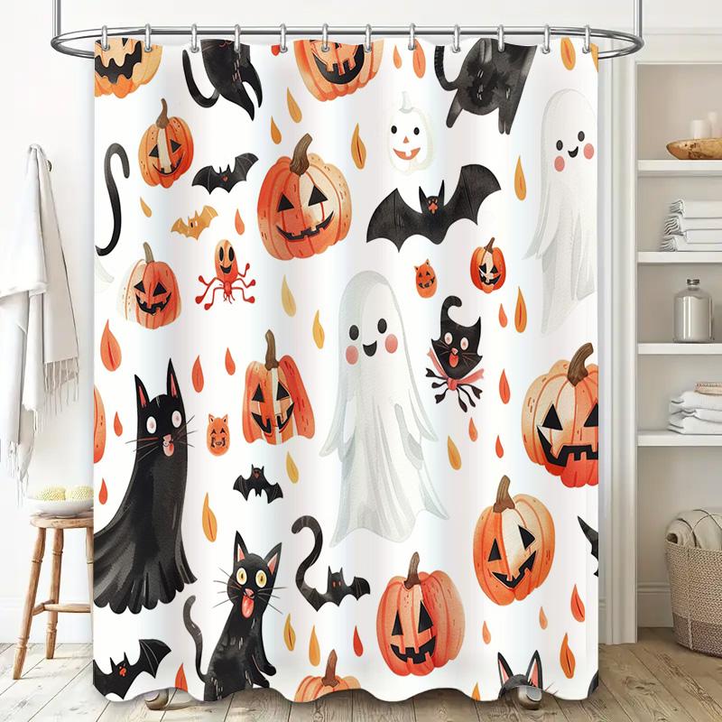 Halloween-themed Shower Curtain Featuring Pumpkin Ghosts, Black Cats, and Bats Perfect for Adding Spooky Charm To Your Bathroom