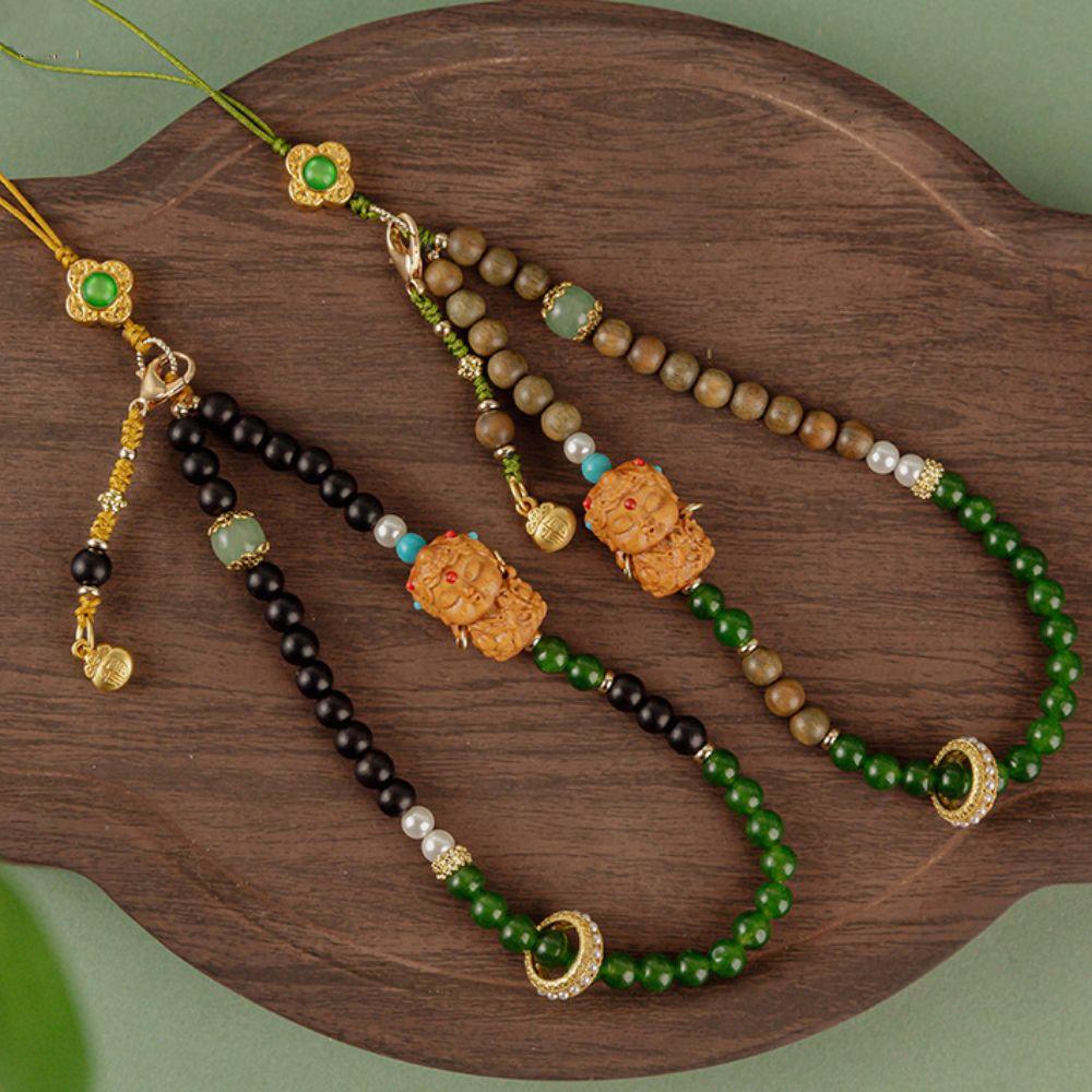 Short Mobile Phone Chain Chinese Style Antique Green Wrist Rope Pendant For Men