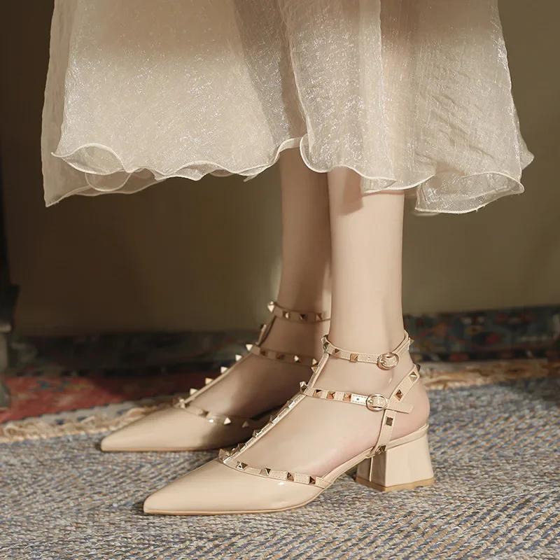 Women's Thick Heeled Sandals Summer New European and American Fashion Roman Pointed Rivet Sandals Women High Heels Buckle Strap