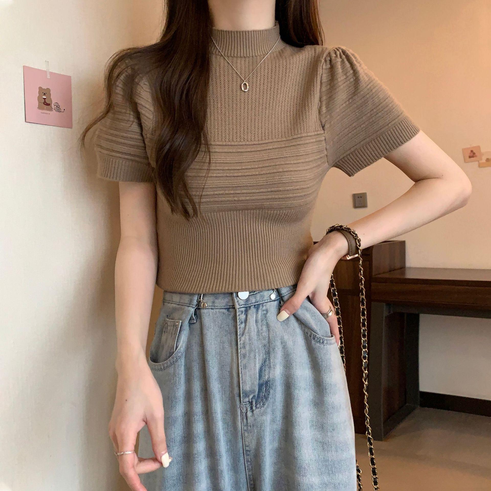 

Wool Knit Sweater Bottoming Tops Female Spring and Summer Loose Soft Inner Stereo Striped T-shirt Female Tide Casual Essential Slim Fit Pullovers Tees One Size верблюд