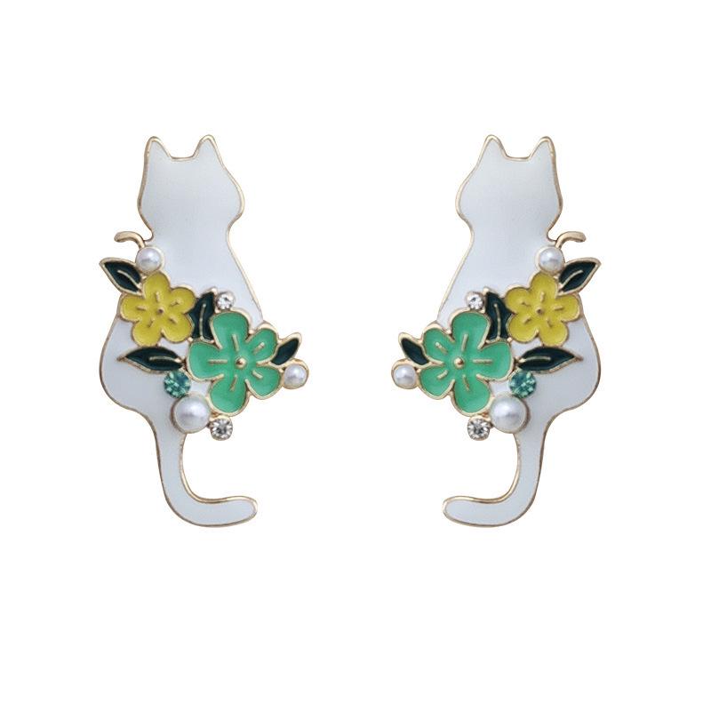 Korean Sweet Style Flower & Cat Stud Earrings