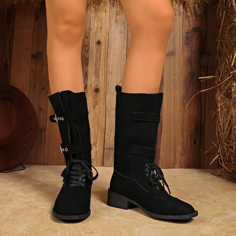 Heeled Mid Calf Women'S Boots Casual Walking Shoes Winter Chelsea Boots Lace Up Suede Sport Shoes Buckle Snow Botas